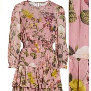 Eliza J Floral Print Balloon Sleeve Ruffle Dress Pink Smocked Waist Women’s 4P